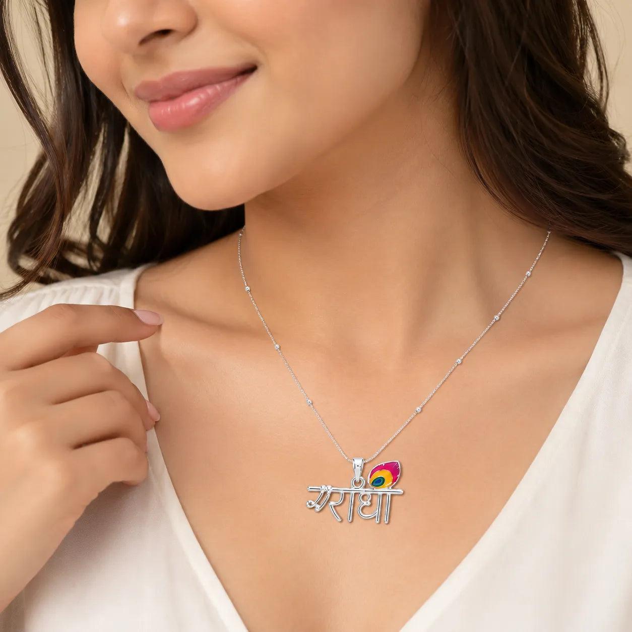 Marvel Silver Radha name silver chain pendant for girls with colorful peacock feather detail