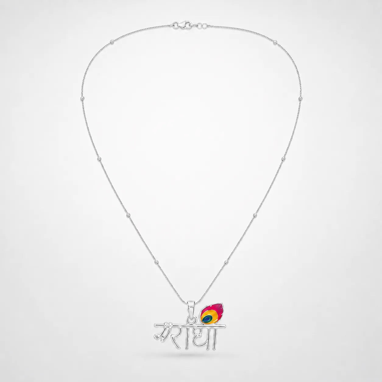 Marvel Silver Radha name silver chain pendant for girls with colorful peacock feather detail