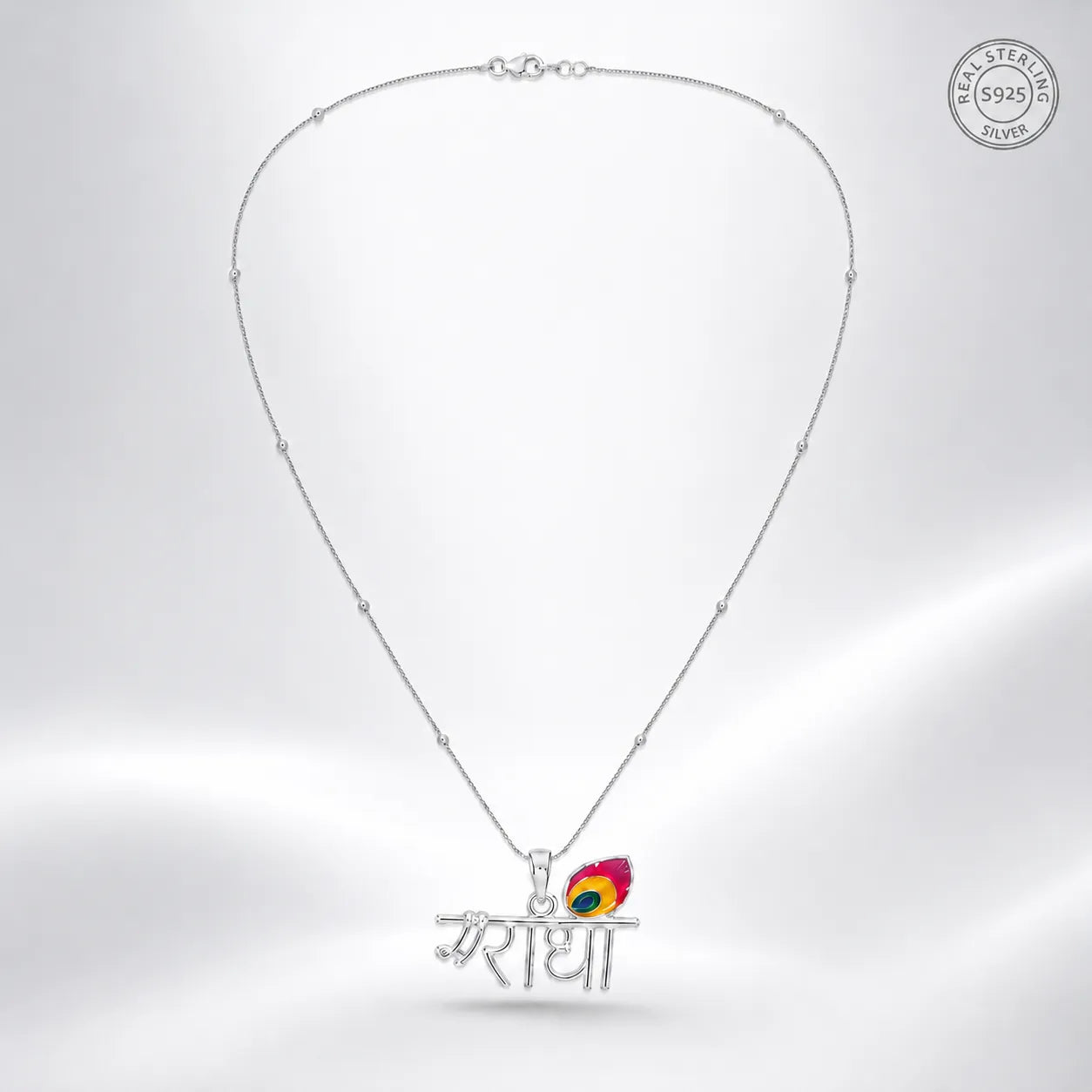 Marvel Silver Radha name silver chain pendant for girls with colorful peacock feather detail
