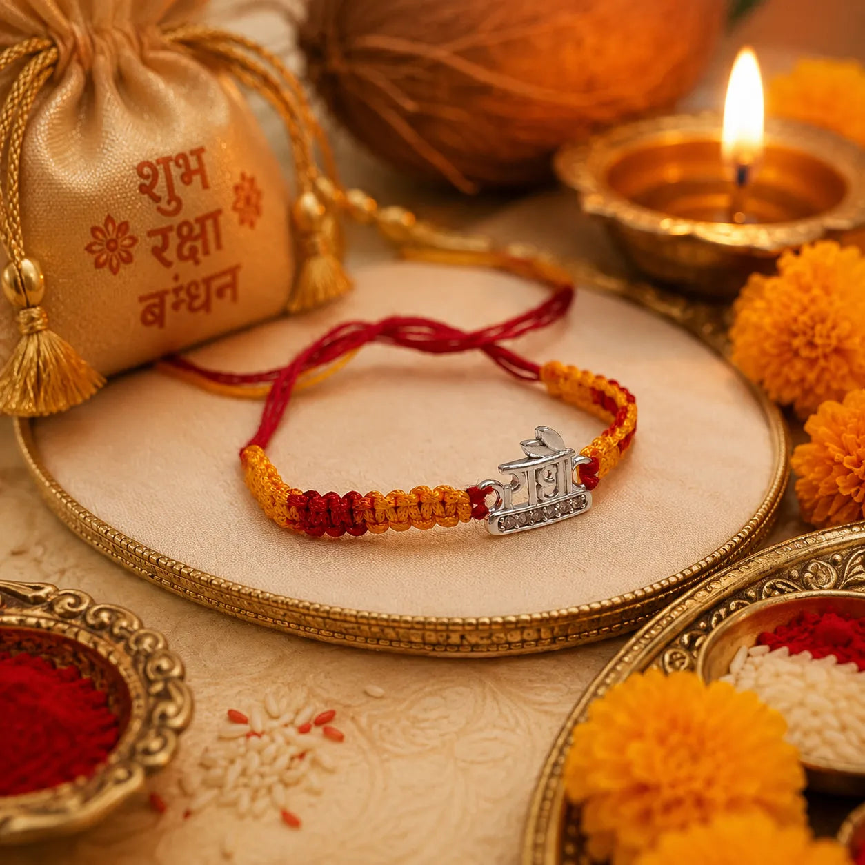 Marvel Silver Radha name rakhi for brother with yellow red braided thread and stone-studded silver-tone centre