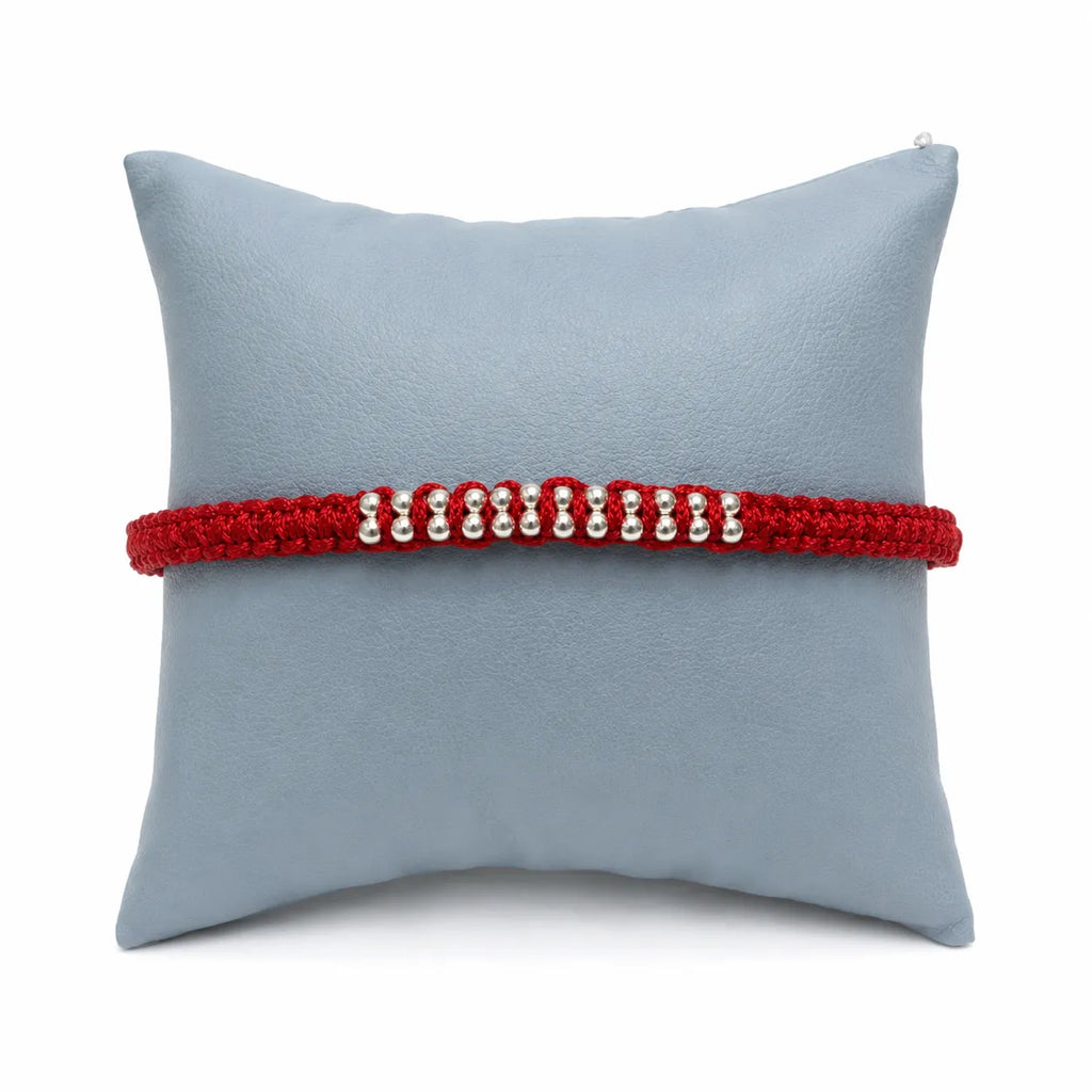 Marvel Silver red braided rakhi for brother with silver-tone bead centre design