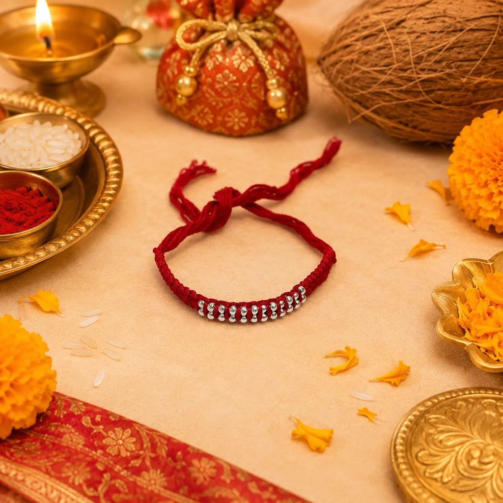 Marvel Silver red braided rakhi for brother with silver-tone bead centre design