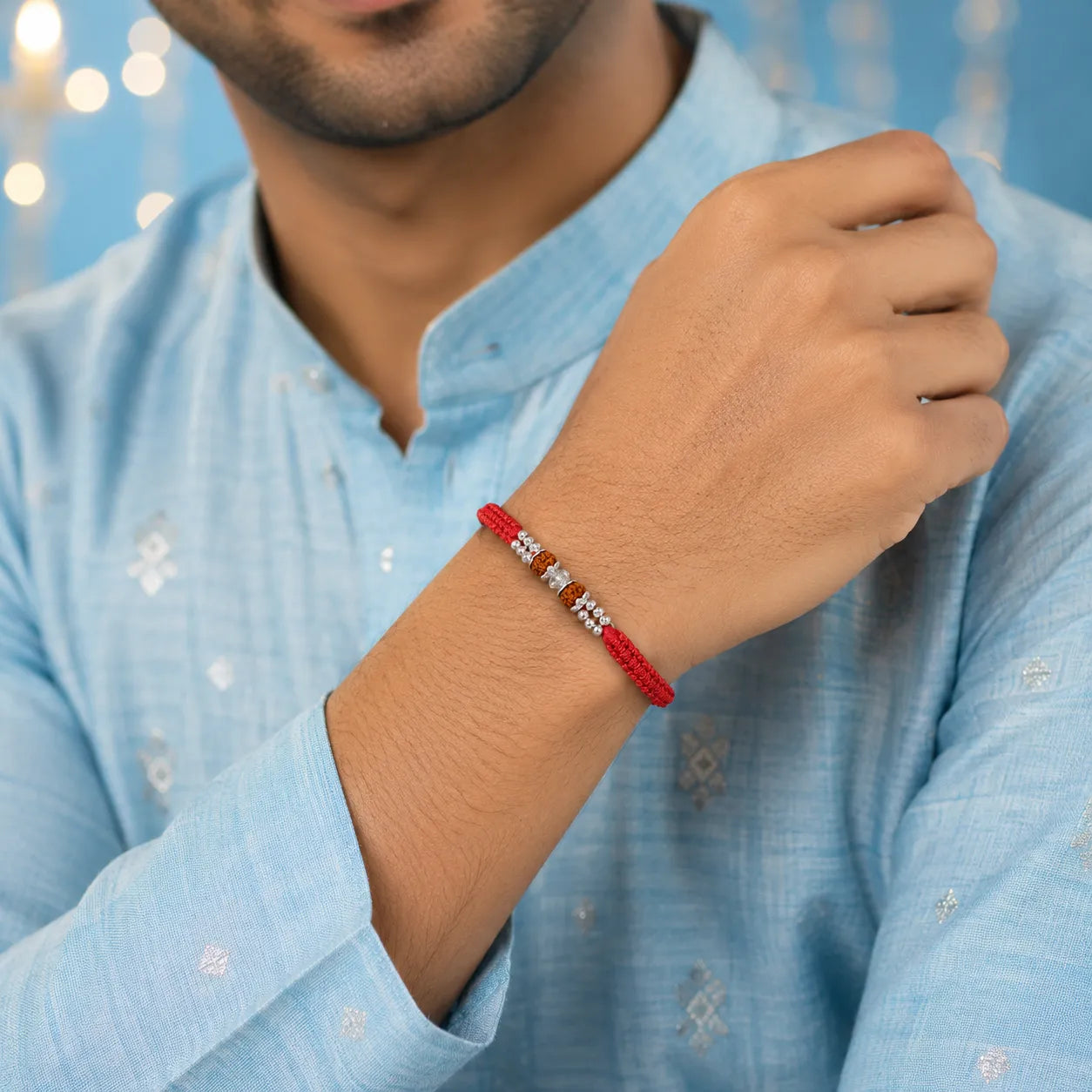Marvel Silver red Rudraksha rakhi bracelet for men with silver-tone beads and braided thread