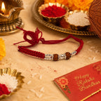 Marvel Silver red Rudraksha rakhi bracelet for men with silver-tone beads and braided thread