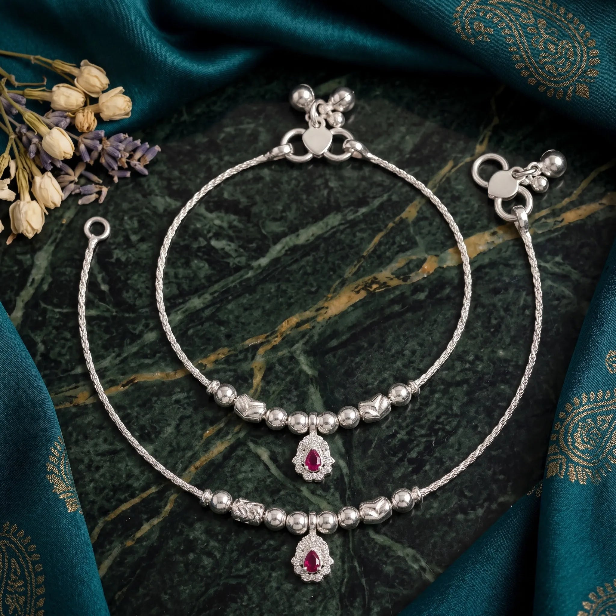 Marvel Silver Baby Payal with Red Stone Charm