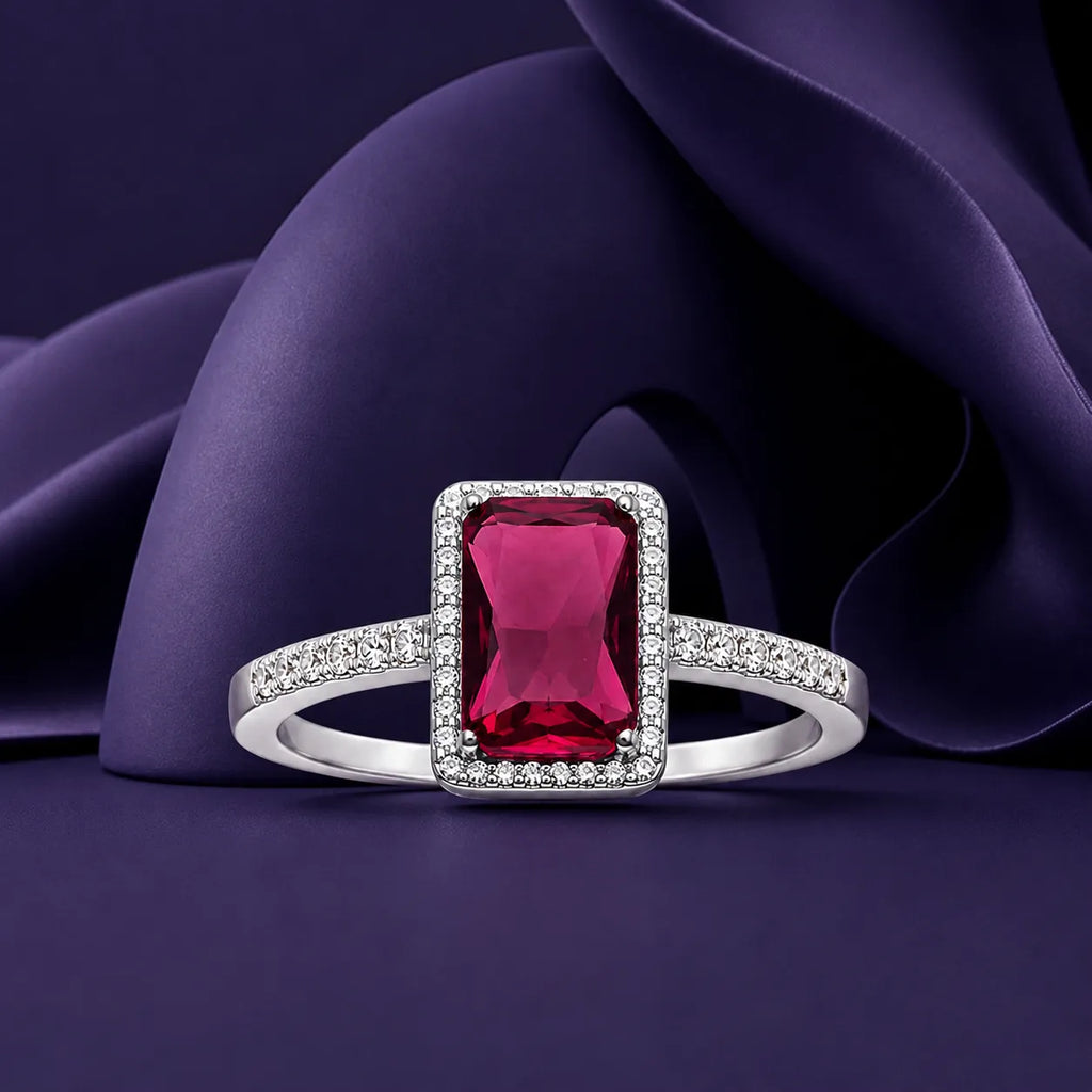 Marvel Silver red stone rectangular silver ring for women