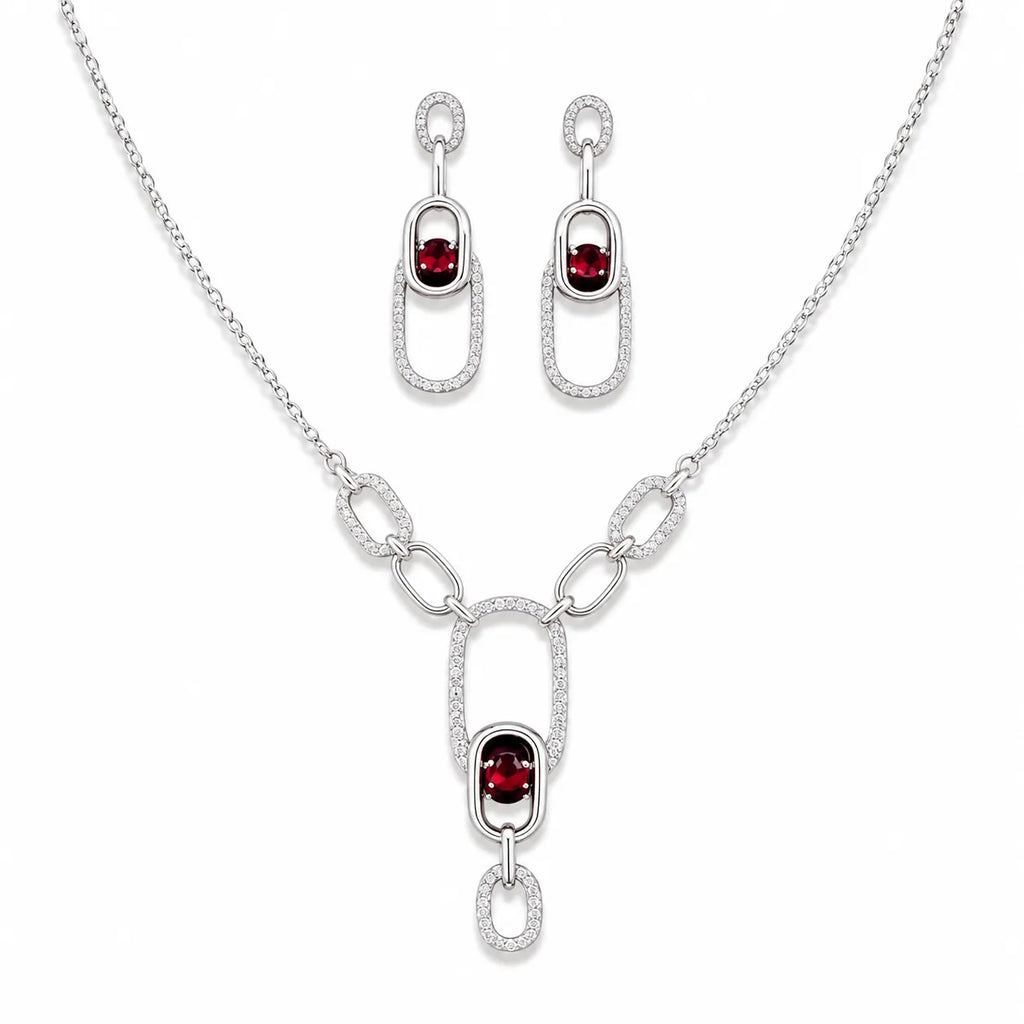Marvel Silver red stone silver necklace set with matching earrings for women