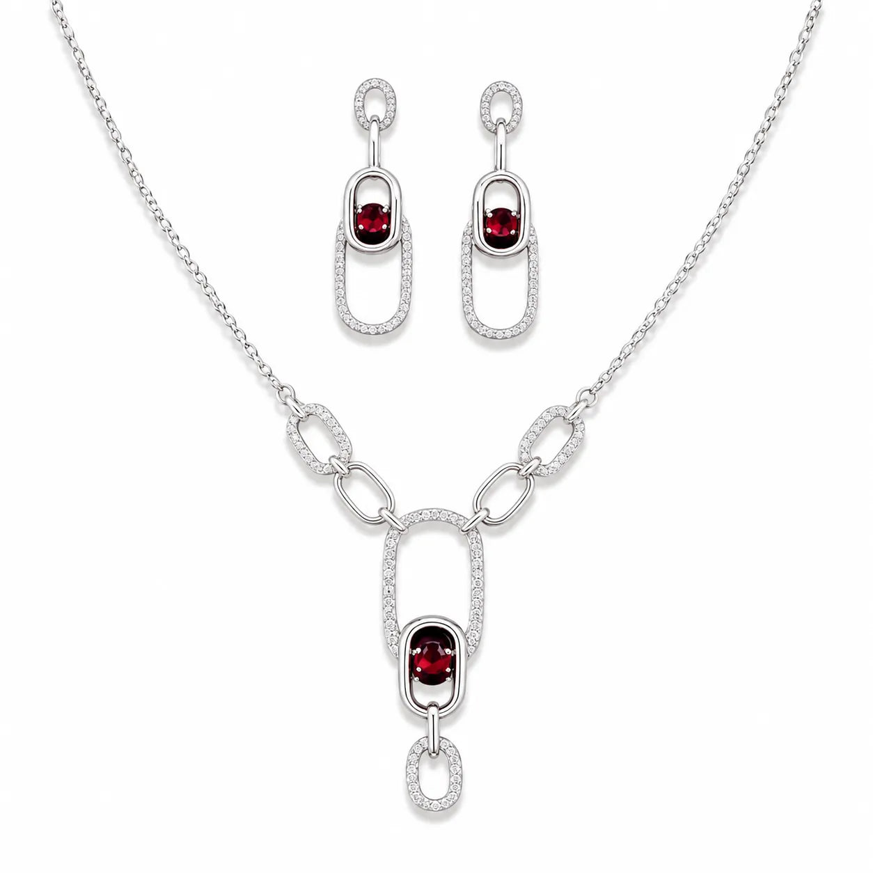 Marvel Silver red stone silver necklace set with matching earrings for women