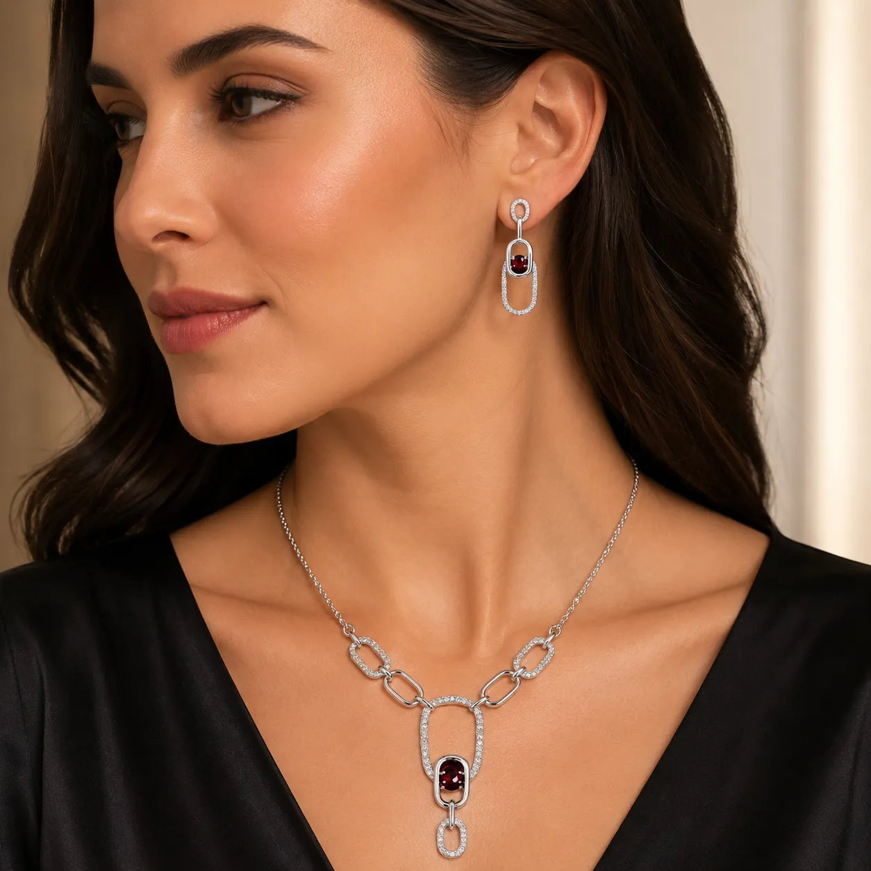 Marvel Silver red stone silver necklace set with matching earrings for women