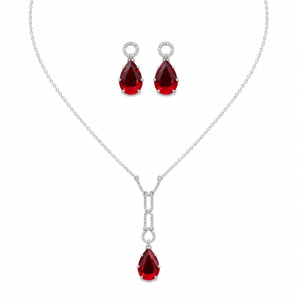 Marvel Silver red teardrop silver necklace set with matching earrings for women