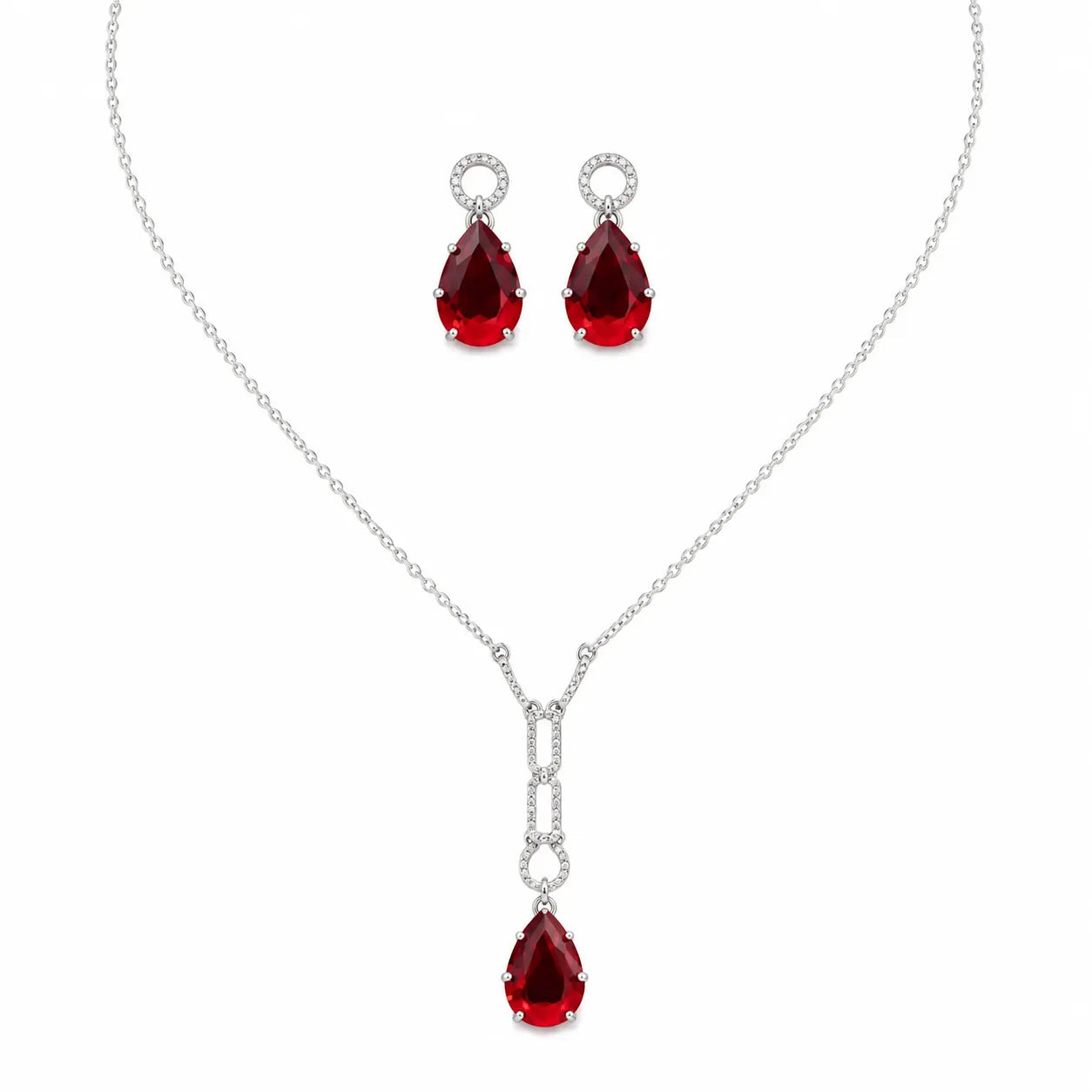 Marvel Silver red teardrop silver necklace set with matching earrings for women