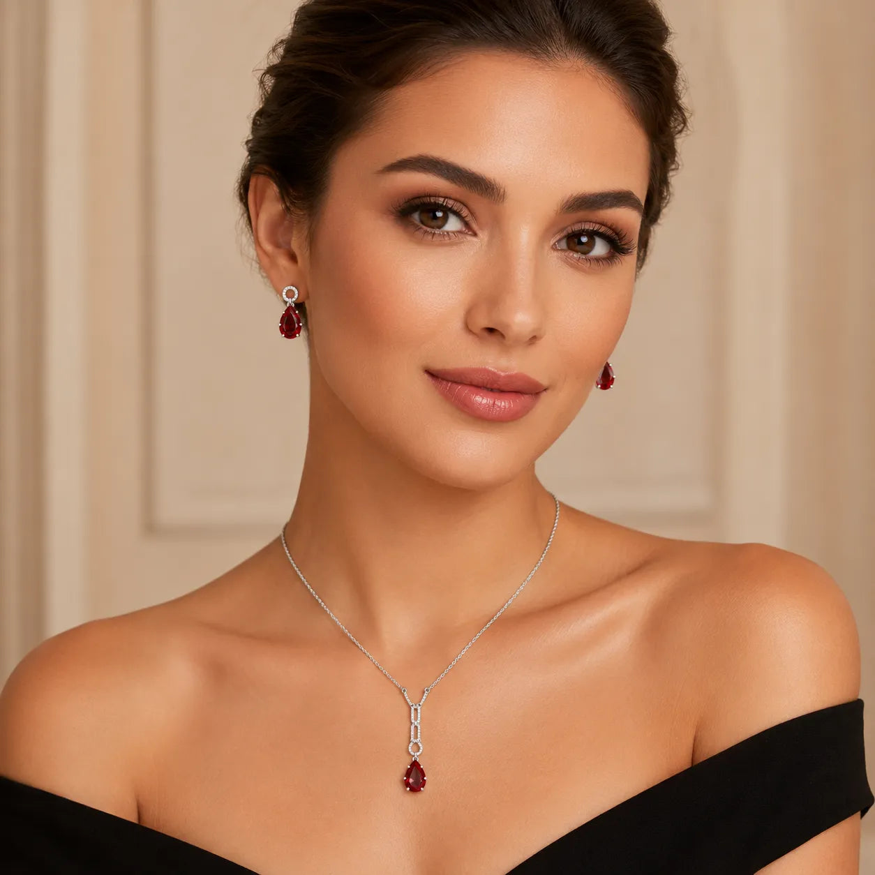 Marvel Silver red teardrop silver necklace set with matching earrings for women