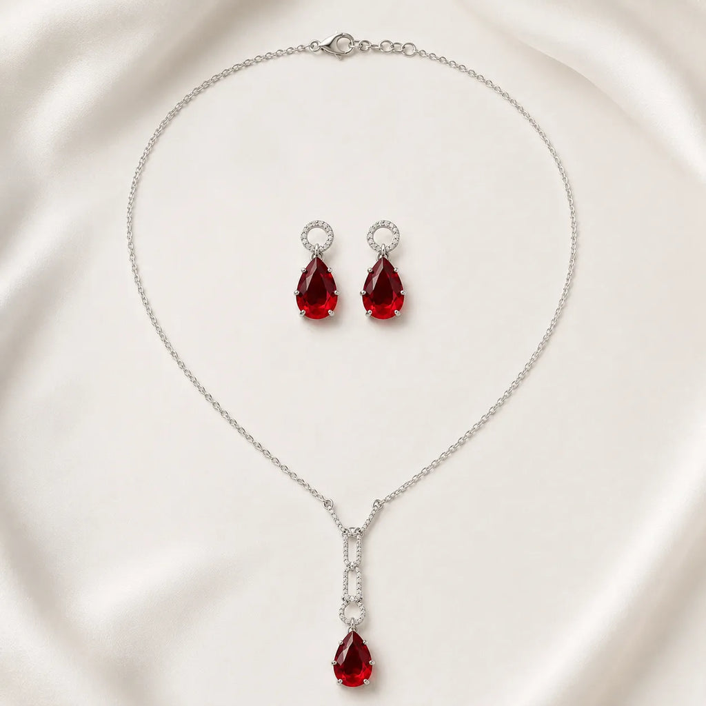Marvel Silver red teardrop silver necklace set with matching earrings for women