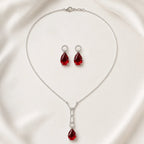 Marvel Silver red teardrop silver necklace set with matching earrings for women