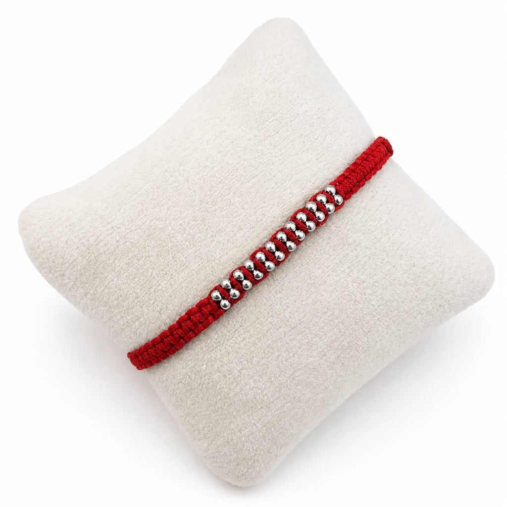 Marvel Silver red thread double bead rakhi for brother with polished silver-tone bead detailing