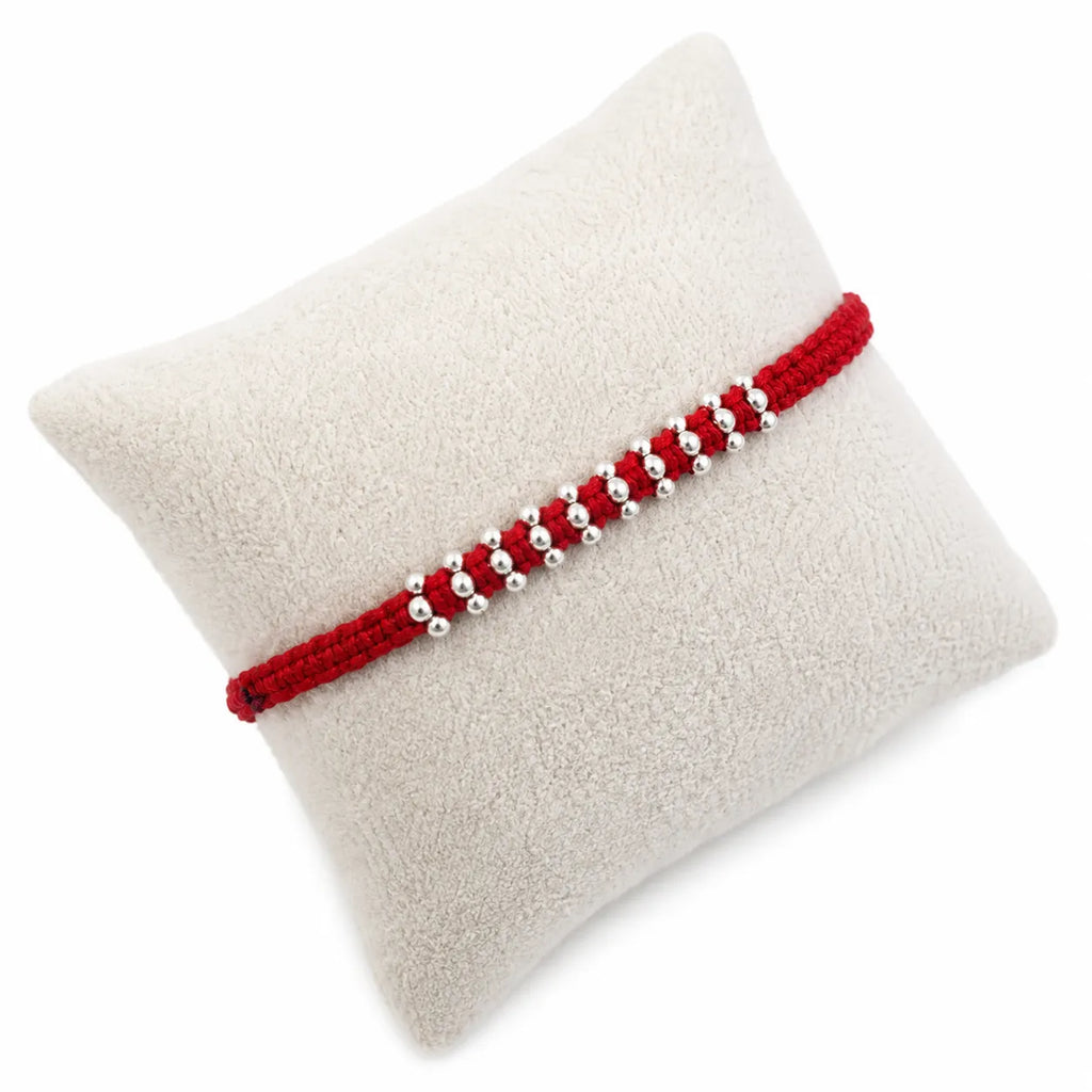 Marvel Silver red thread multi bead rakhi for brother with polished silver-tone bead cluster detailing