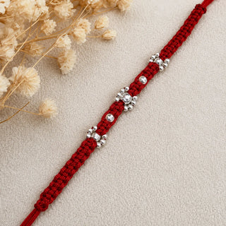 Silver Red Thread Stone Floral Rakhi