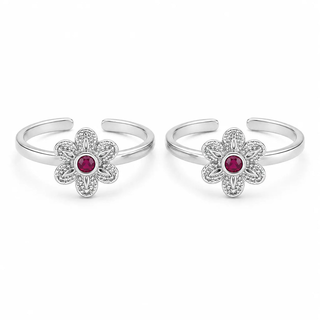 Marvel Silver ruby flower adjustable toe ring for women with floral silver design