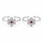 Marvel Silver ruby flower adjustable toe ring for women with floral silver design
