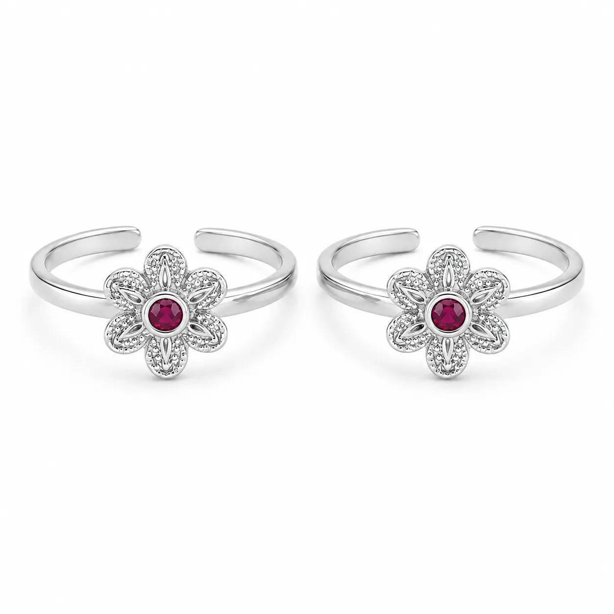 Marvel Silver ruby flower adjustable toe ring for women with floral silver design