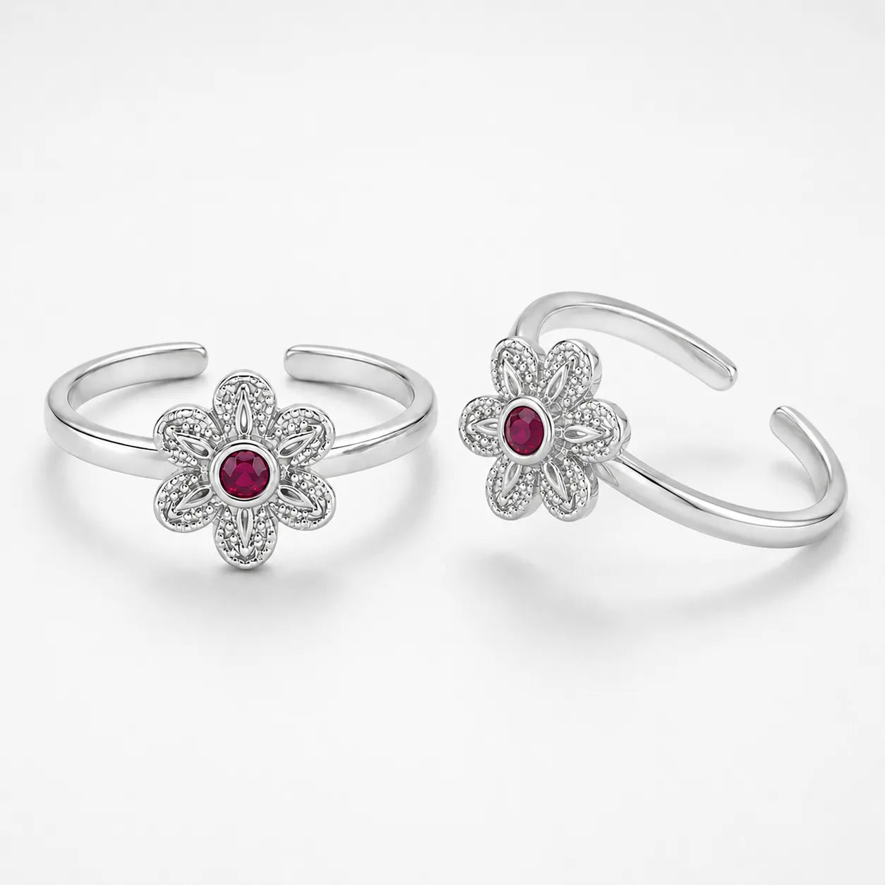 Marvel Silver ruby flower adjustable toe ring for women with floral silver design