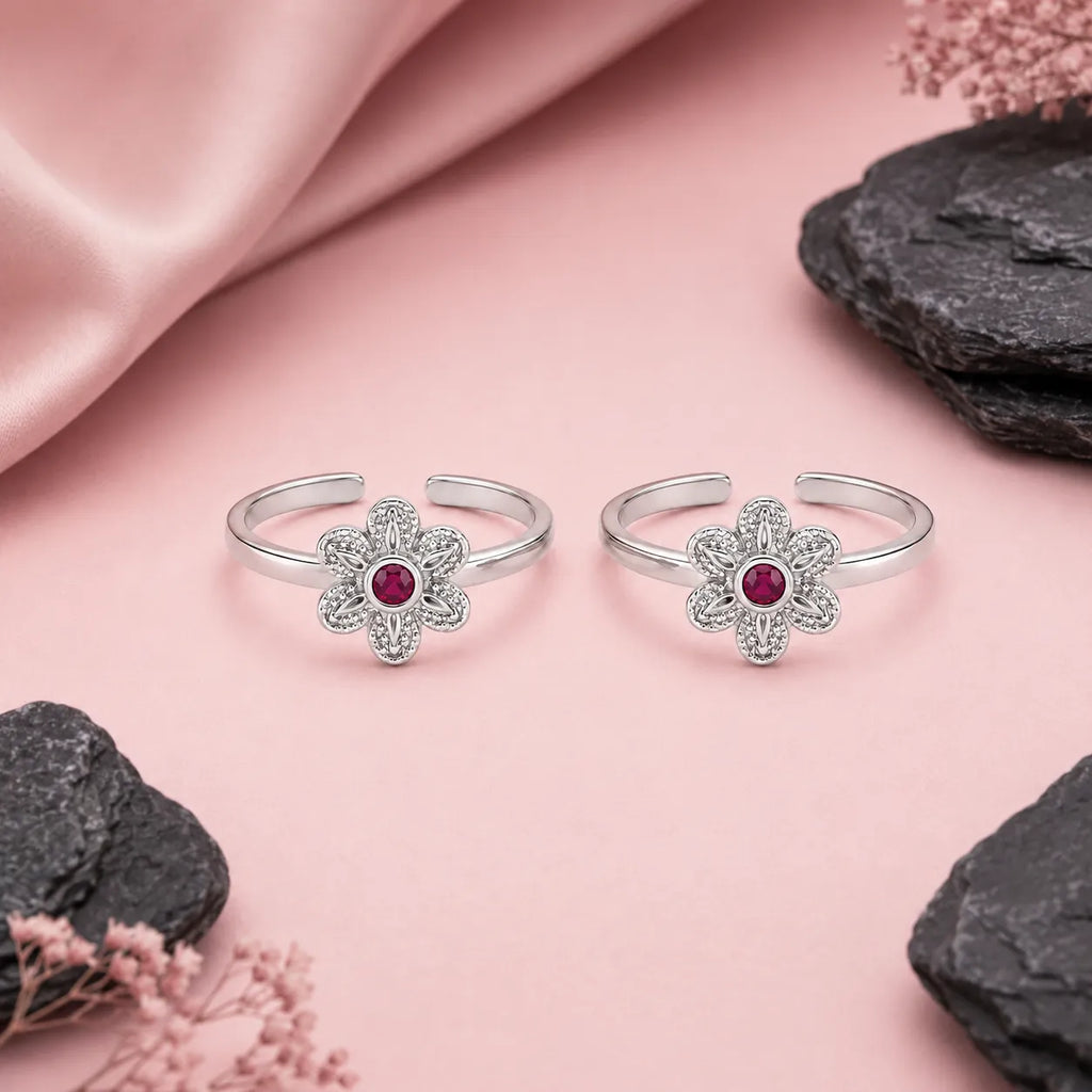 Marvel Silver ruby flower adjustable toe ring for women with floral silver design