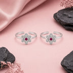 Marvel Silver ruby flower adjustable toe ring for women with floral silver design