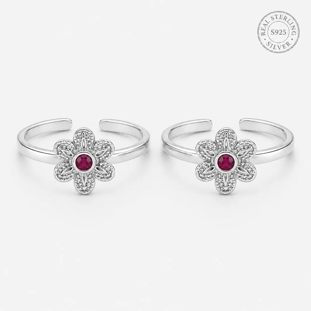 Marvel Silver ruby flower adjustable toe ring for women with floral silver design