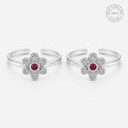 Marvel Silver ruby flower adjustable toe ring for women with floral silver design