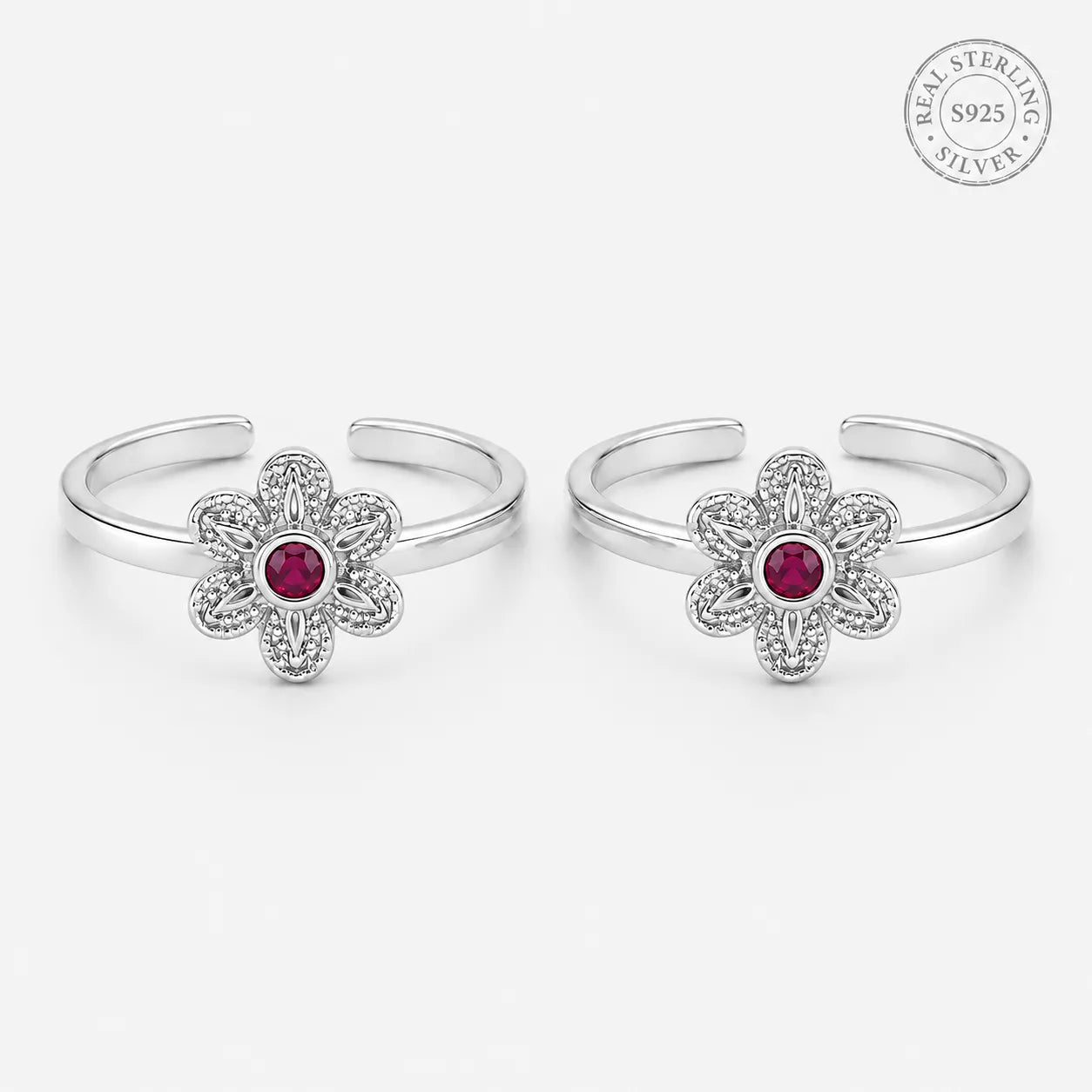 Marvel Silver ruby flower adjustable toe ring for women with floral silver design