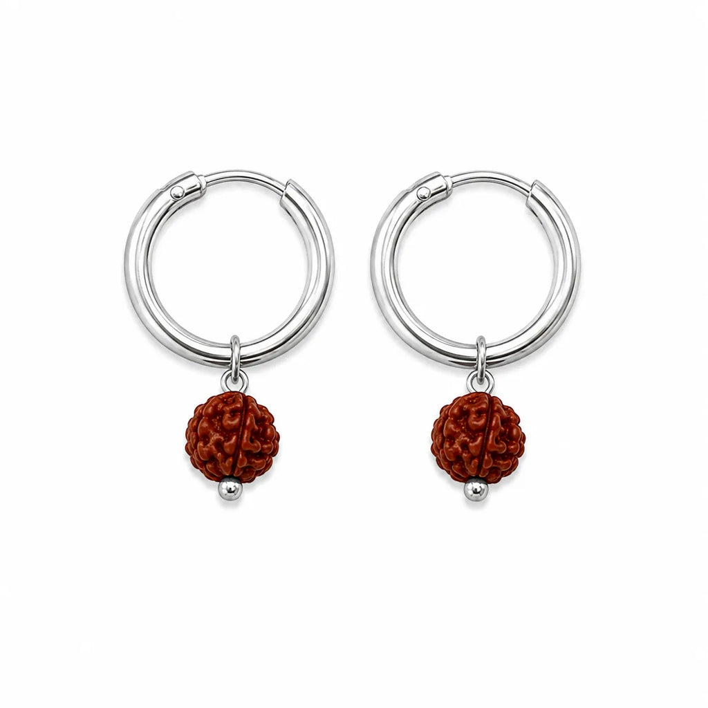 Marvel Silver Rudraksha Silver Hoop Bali Earrings for Boys with Hinged Lock on White Background