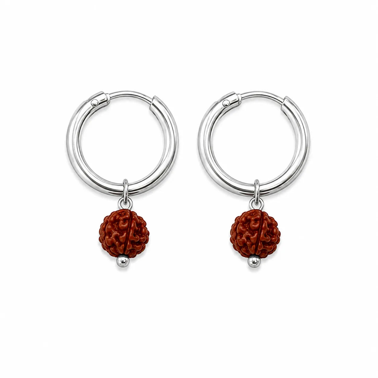 Marvel Silver Rudraksha Silver Hoop Bali Earrings for Boys with Hinged Lock on White Background