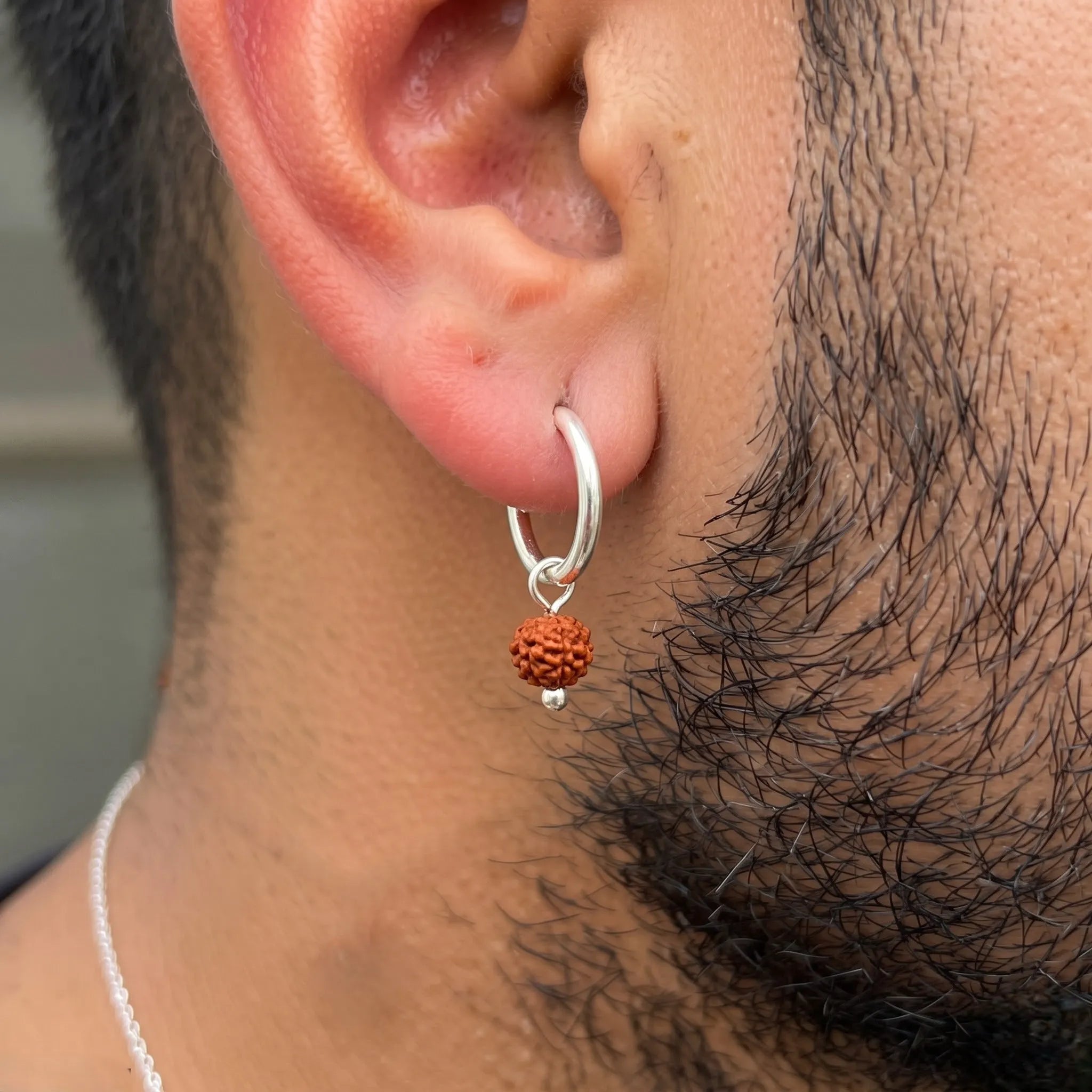 Marvel Silver Rudraksha Silver Hoop Bali Earrings for Boys with Hinged Lock on White Background