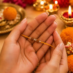 Marvel Silver Rudraksha Bead Designer Rakhi with two natural Rudraksha beads, polished silver spacer, and saffron thread for Raksha Bandhan.