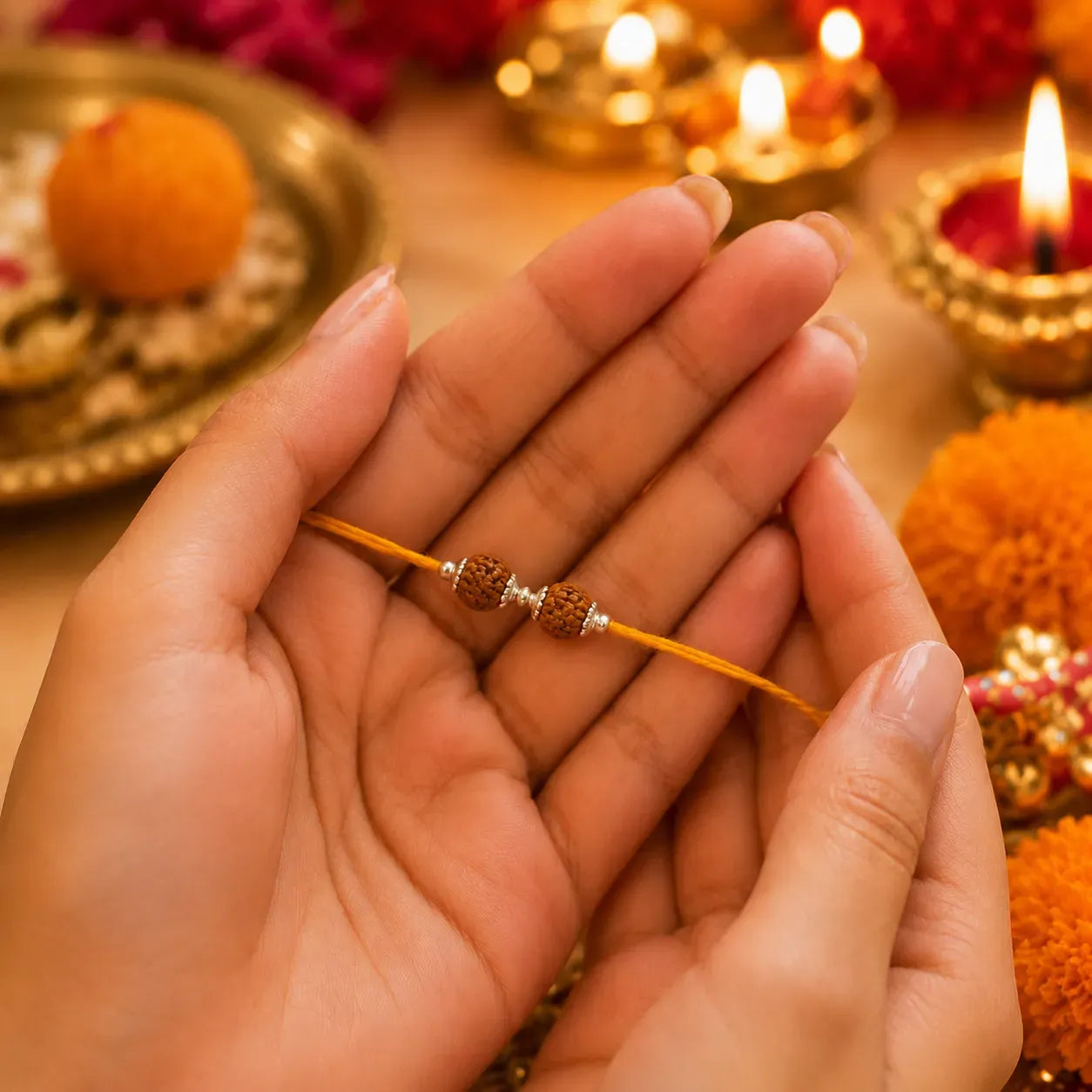 Marvel Silver Rudraksha Bead Designer Rakhi with two natural Rudraksha beads, polished silver spacer, and saffron thread for Raksha Bandhan.