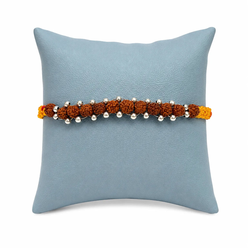 Marvel Silver Rudraksha bead rakhi for brother with yellow red braided thread and silver-tone beads