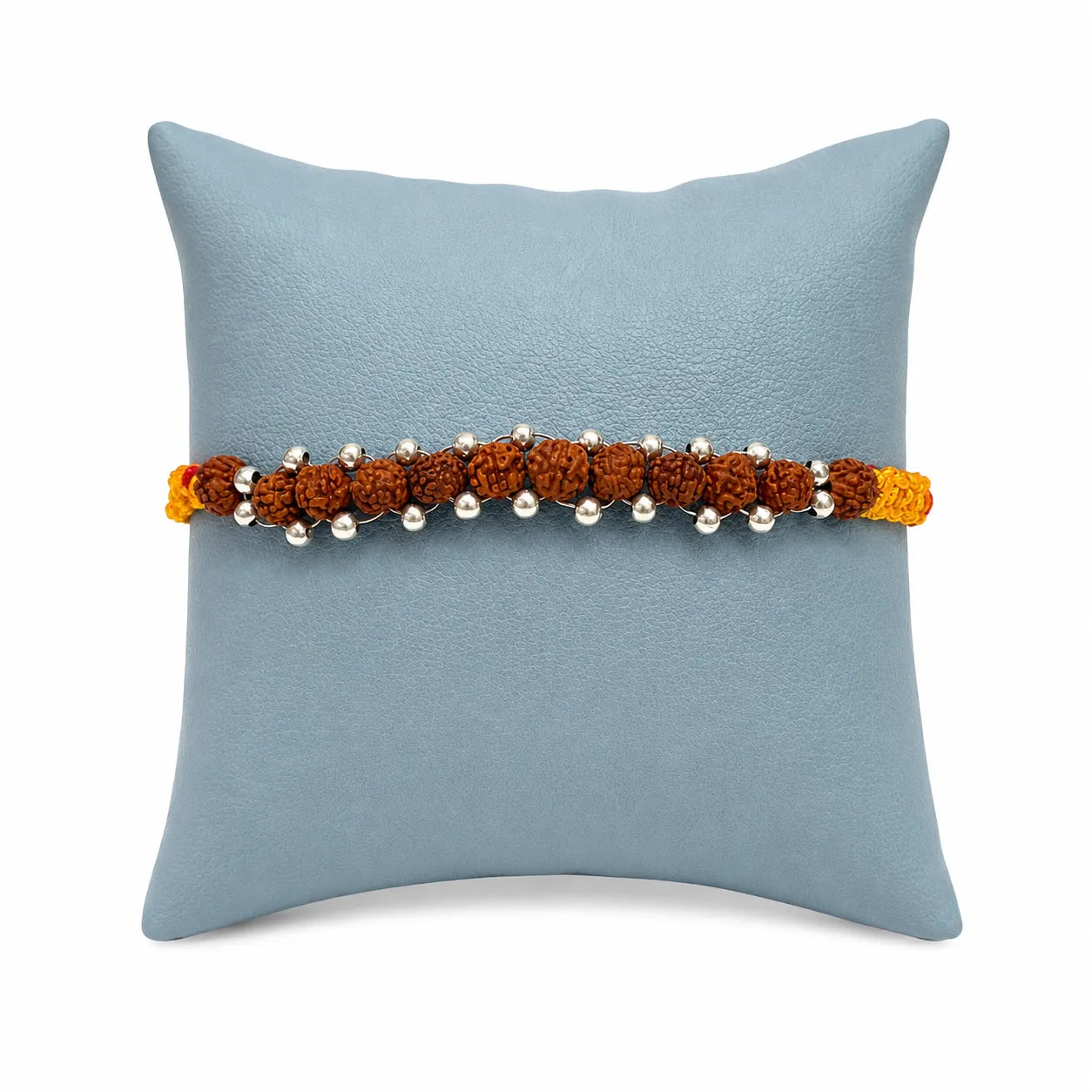 Marvel Silver Rudraksha bead rakhi for brother with yellow red braided thread and silver-tone beads