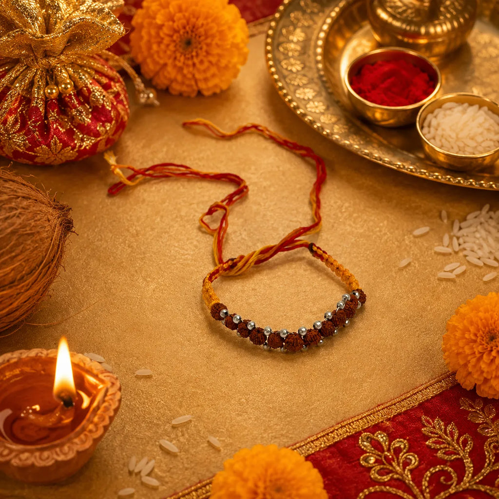 Marvel Silver Rudraksha bead rakhi for brother with yellow red braided thread and silver-tone beads