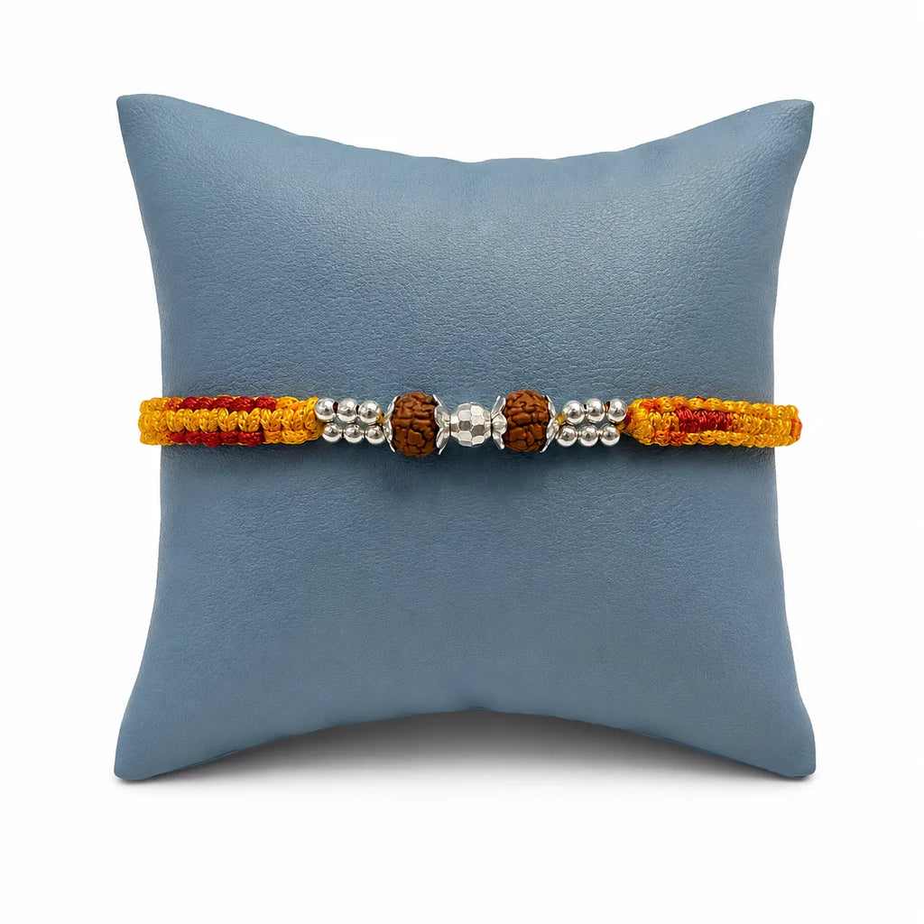 Marvel Silver Rudraksha bead rakhi bracelet for men with yellow red braided thread and silver-tone spacers