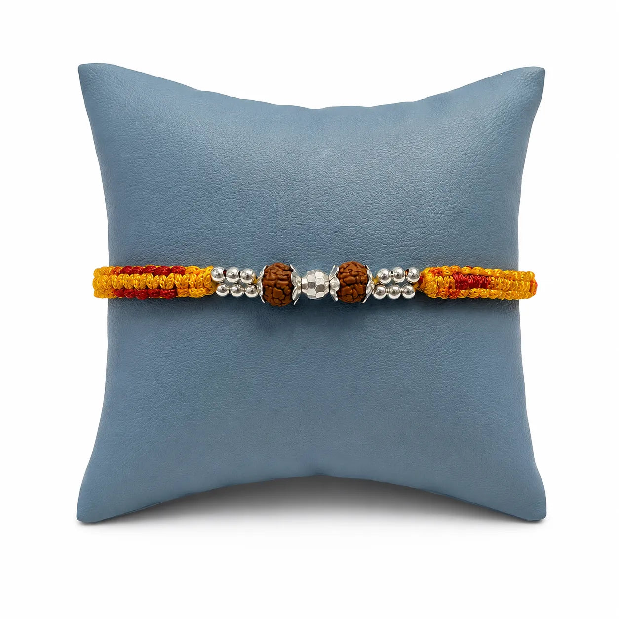 Marvel Silver Rudraksha bead rakhi bracelet for men with yellow red braided thread and silver-tone spacers