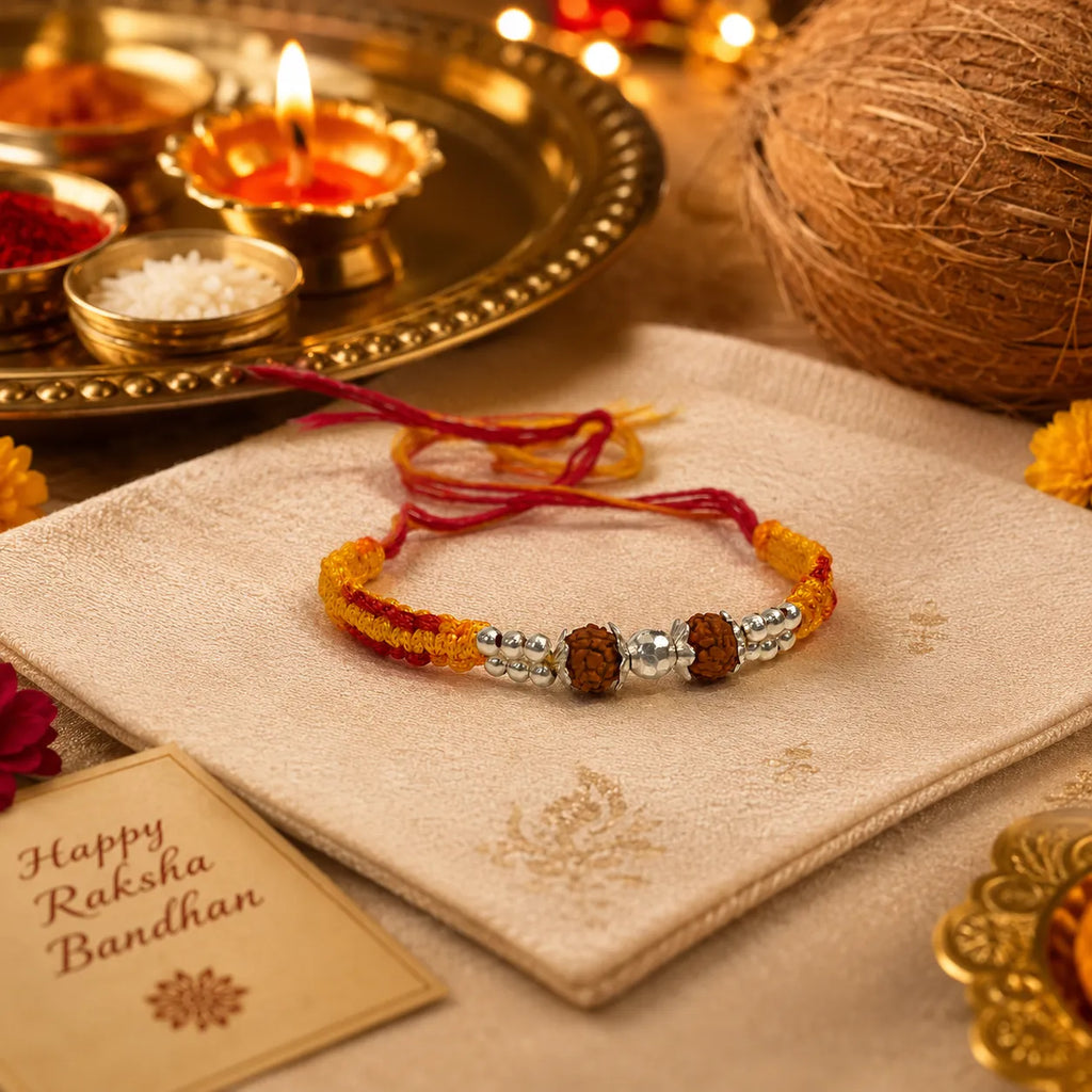 Marvel Silver Rudraksha bead rakhi bracelet for men with yellow red braided thread and silver-tone spacers
