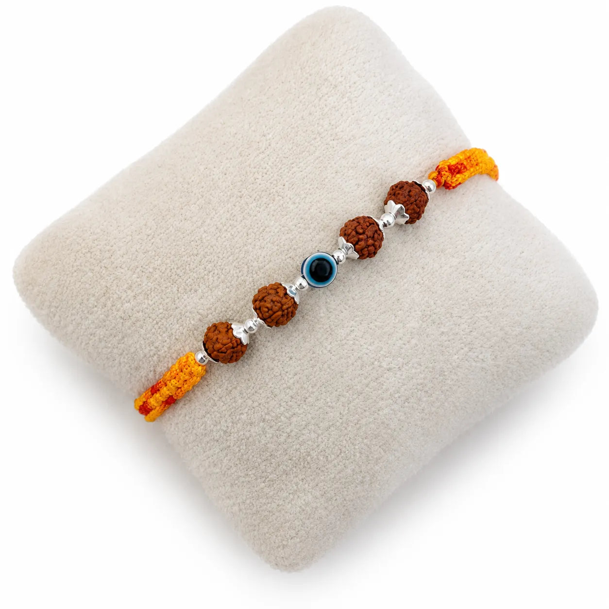 Marvel Silver Rudraksha evil eye rakhi for brother with yellow red braided thread and silver-tone bead accents