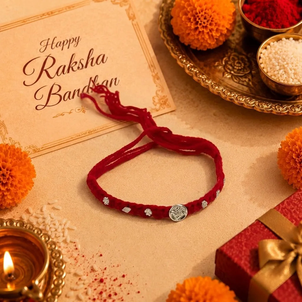 Marvel Silver Satvik Rakhi with spiritual silver-finish centerpiece, handcrafted red thread, and elegant silver embellishments for Raksha Bandhan.