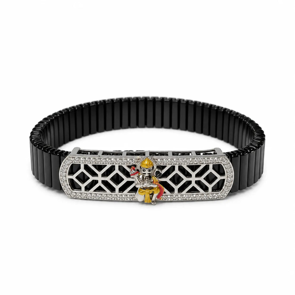Marvel Silver Shani Dev adjustable bracelet for boys with detailed Shani Dev motif, silver geometric centerpiece and black segmented band