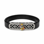 Marvel Silver Shani Dev adjustable bracelet for boys with detailed Shani Dev motif, silver geometric centerpiece and black segmented band