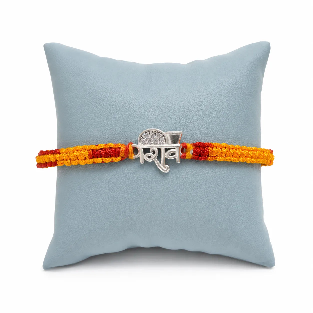 Marvel Silver Shiv name rakhi for brother with yellow red braided thread and silver-tone devotional centre motif