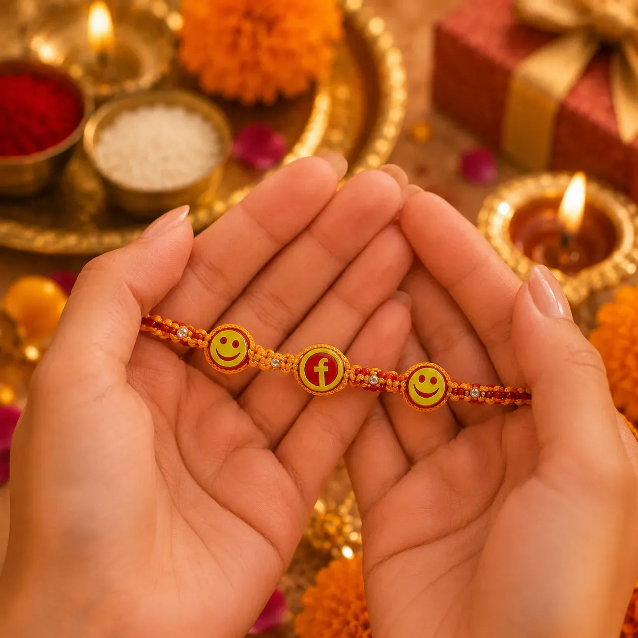 Marvel Silver Smiley Face Designer Rakhi with two smiley charms, center letter charm, silver-tone bead accents, and orange-red braided thread for Raksha Bandhan.