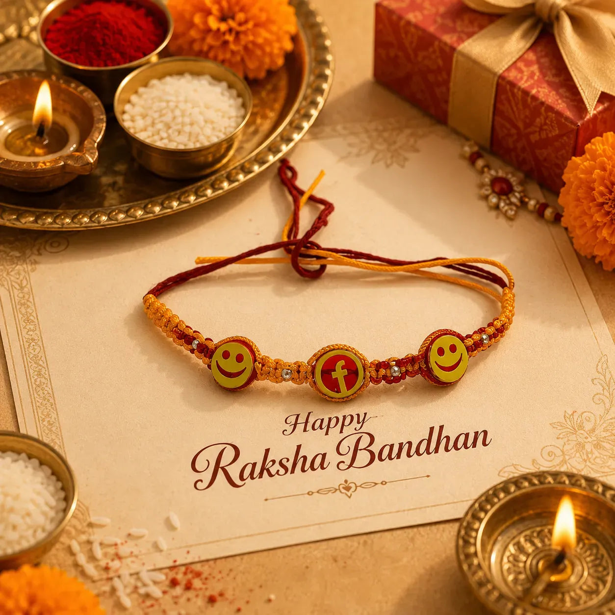 Marvel Silver Smiley Face Designer Rakhi with two smiley charms, center letter charm, silver-tone bead accents, and orange-red braided thread for Raksha Bandhan.