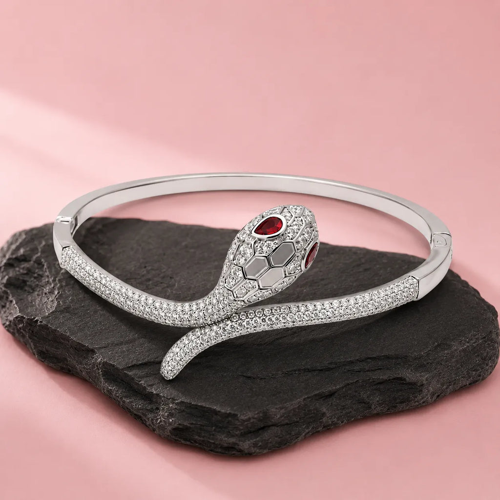 Marvel Silver snake design silver kada for girls with red and white stones