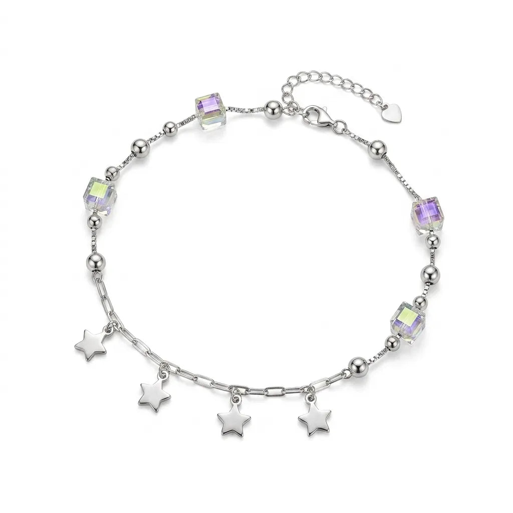 Marvel Silver Star Charm Anklet with crystal beads and dangling silver star charms for women and girls.